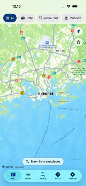 Karttanäkymä, jossa näkyy lähellä olevia paikallisia yrityksiä ja kohteita